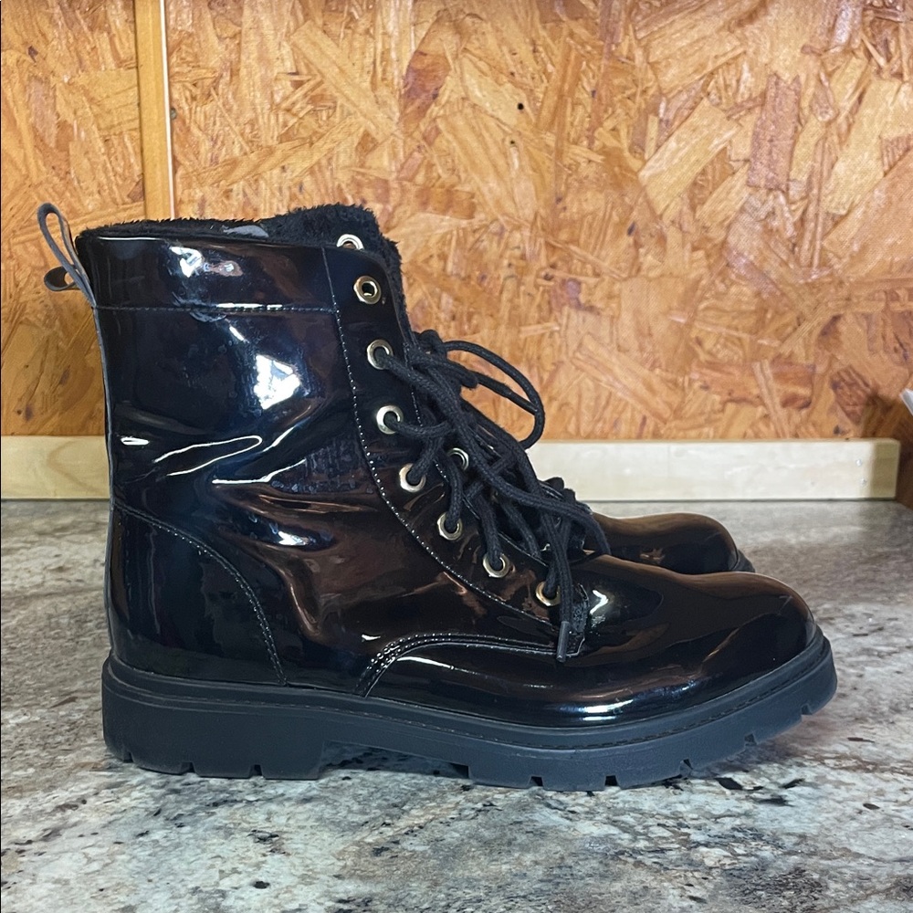 H&M Black Patent Leather Lace-Up Boots